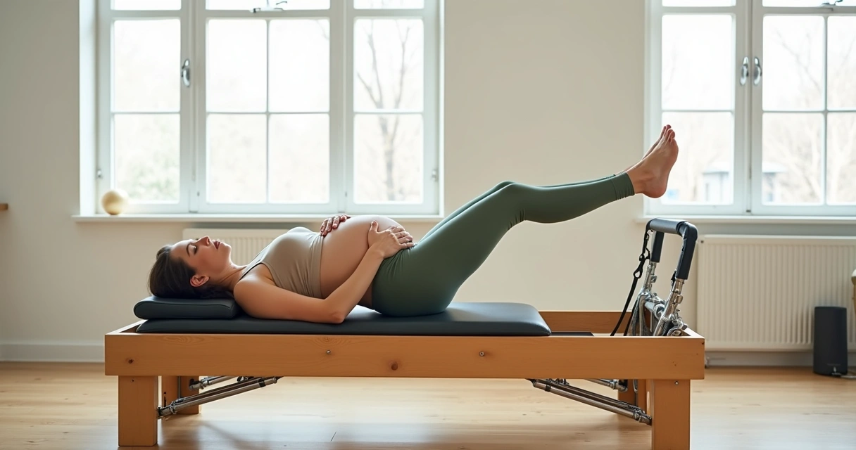 Gestante praticando pilates em aparelho cadillac com barriga em destaque em estúdio claro 