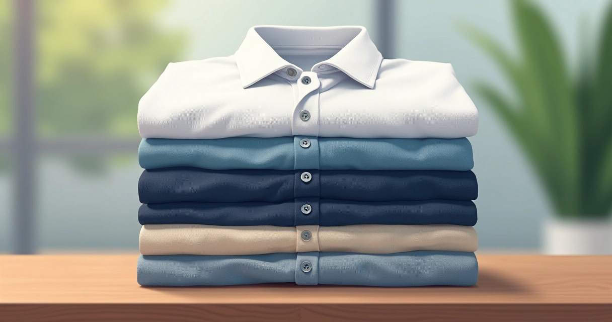 Pilha de camisas polo masculinas em diferentes cores e tecidos dobradas