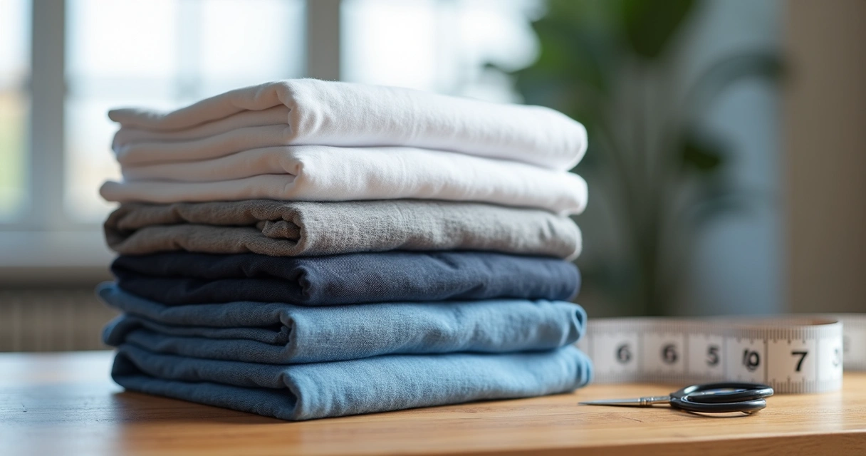 Pilha de camisetas de diferentes tecidos e cores sobre uma mesa 