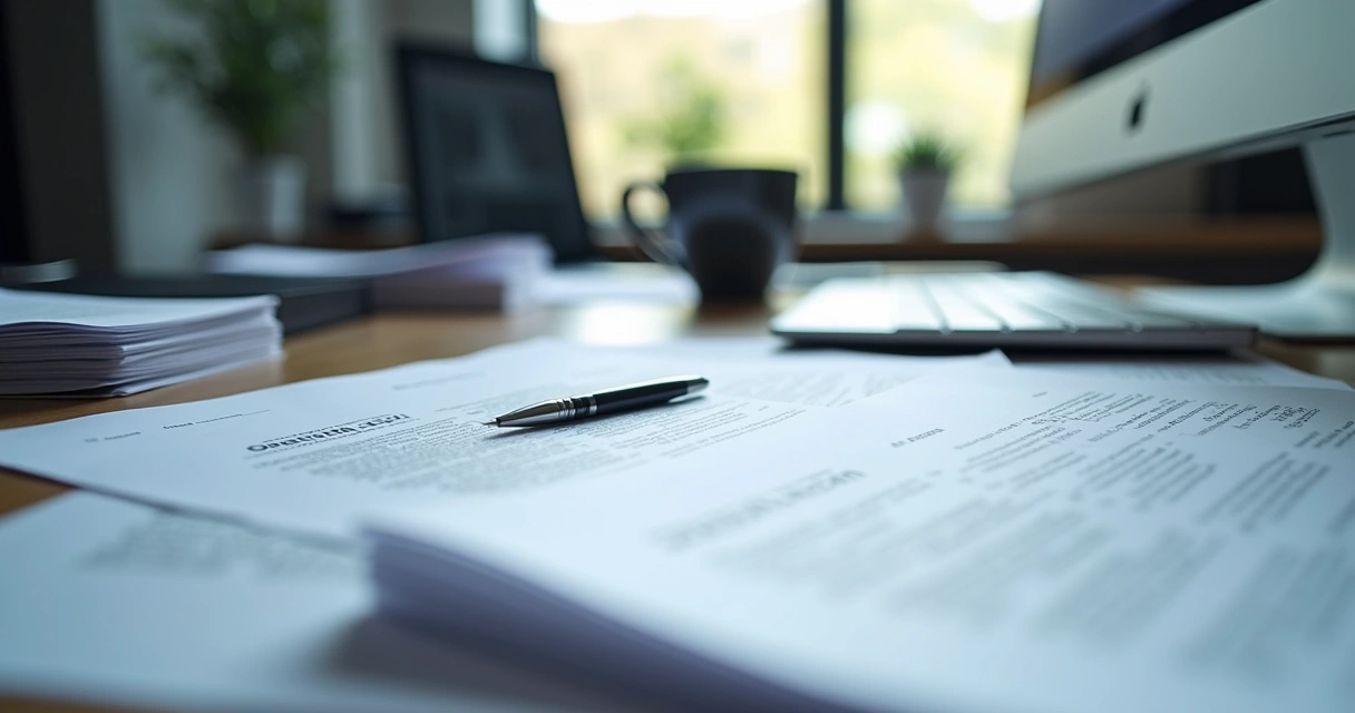 Muitos contratos impressos empilhados sobre uma mesa de escritório, caneta ao lado, copo de café próximo 