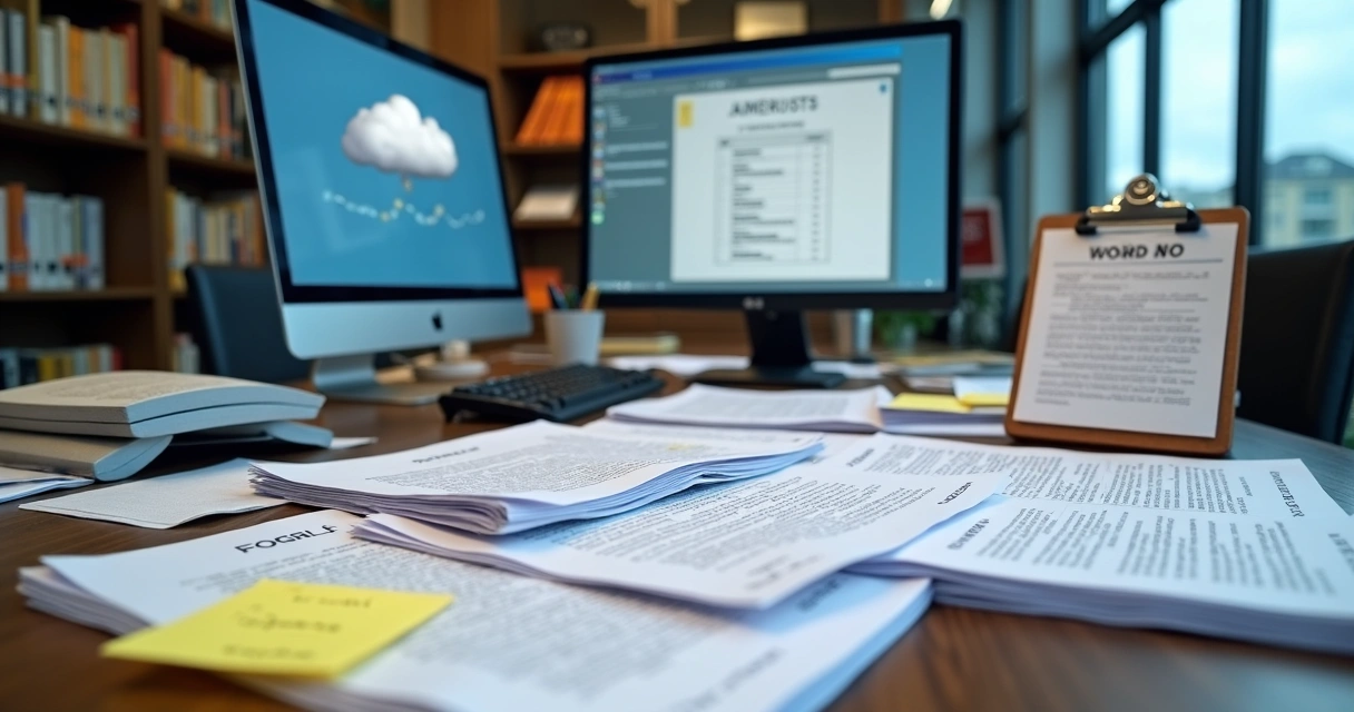 Pilha de contratos em papel sendo digitalizada em escritório