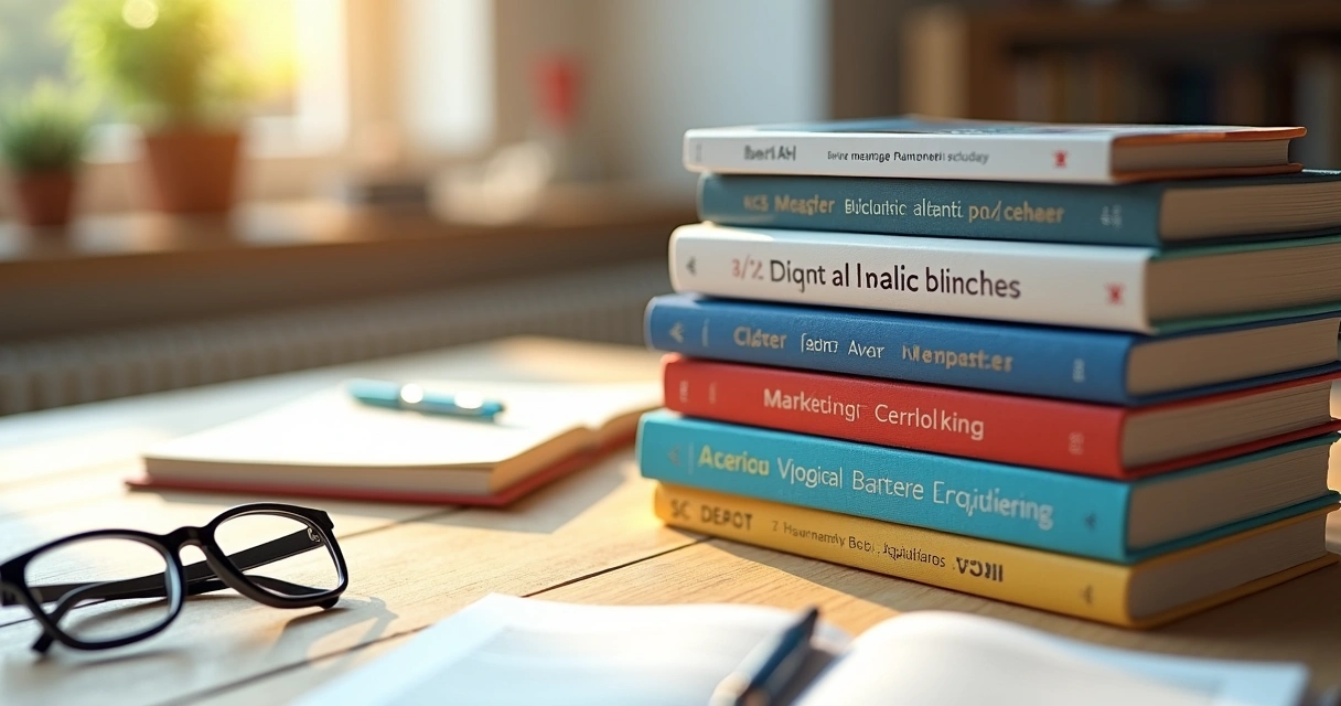 Pilha de livros de marketing sobre mesa de madeira clara bem iluminada 