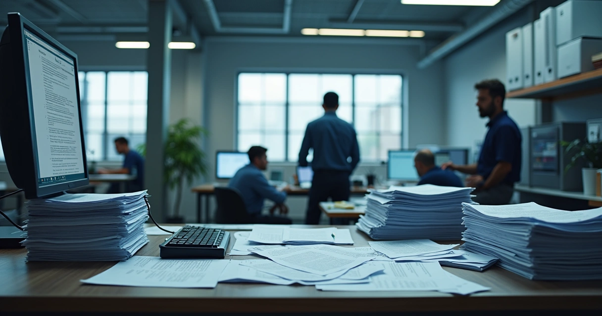 Fila de demandas em pilha sobre uma mesa de escritório 