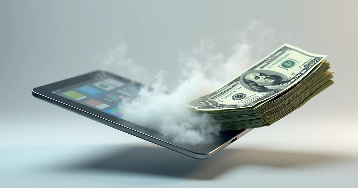 Dinheiro se dissipando ao lado de protótipo digital 