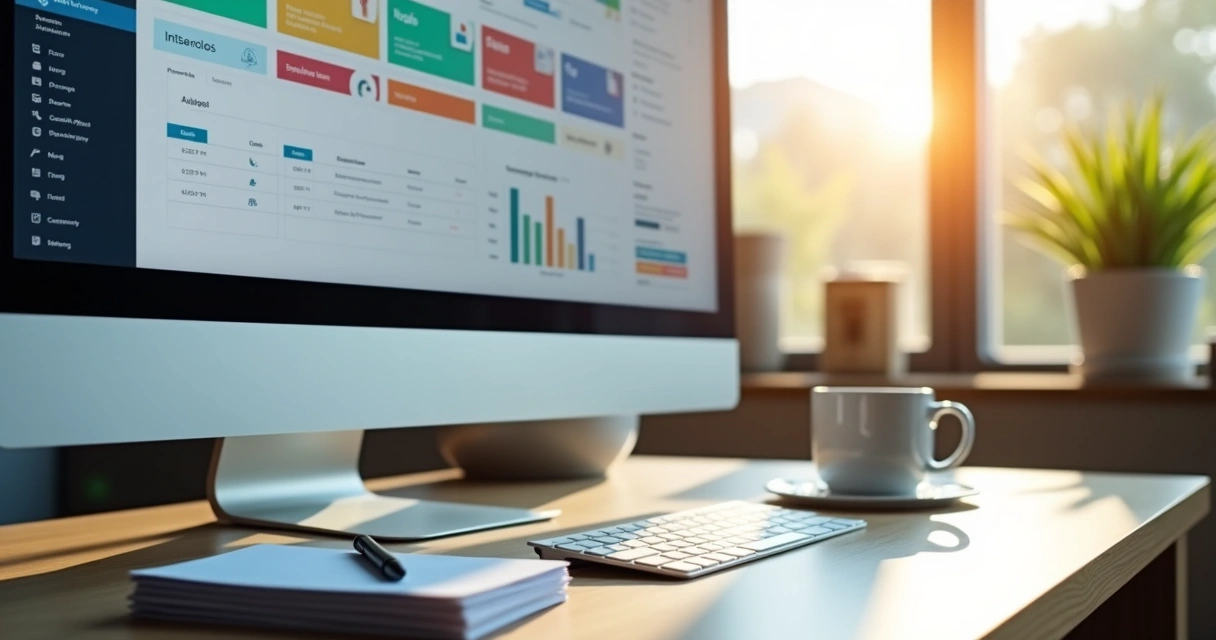 Pilha de documentos digitais organizados em um monitor e mesa moderna 