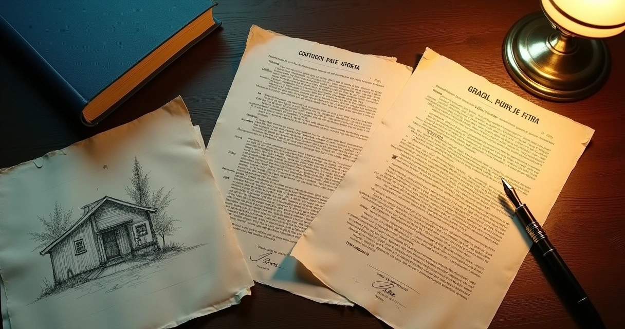Pilha de documentos de imóvel sem assinatura ao lado de desenho de casa 