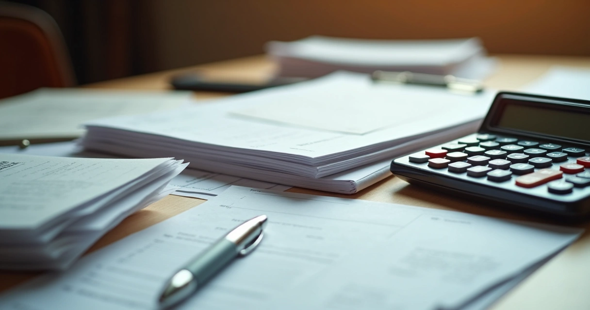 Banca com pilha de documentos para inventário e calculadora na mesa 