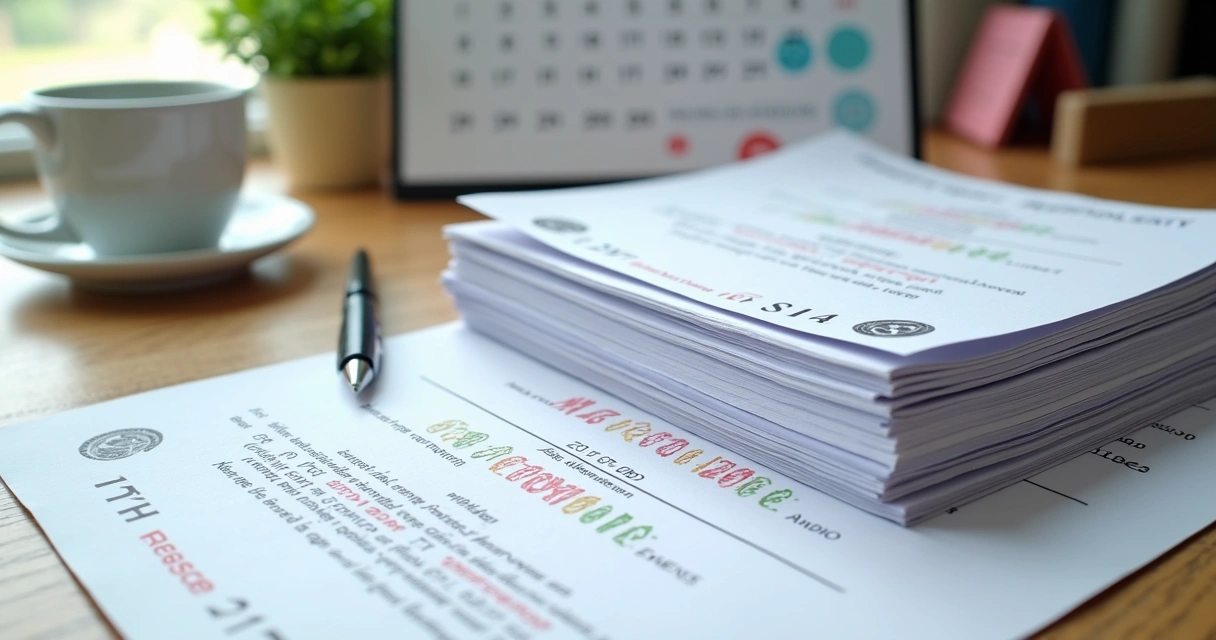 Pilha de certidões com selos de validade e calendário ao fundo