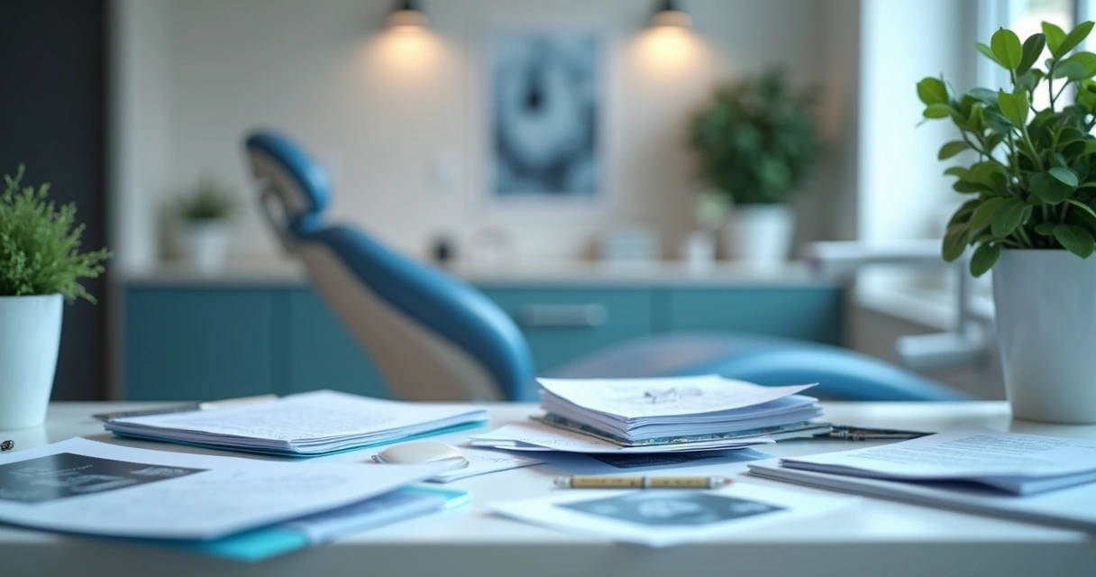 Pilha de papéis sobre bancada de clínica odontológica