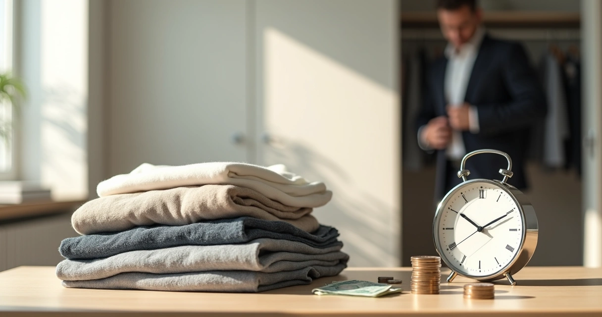 Pilha de roupas ao lado de relógio e moedas sobre mesa clara 