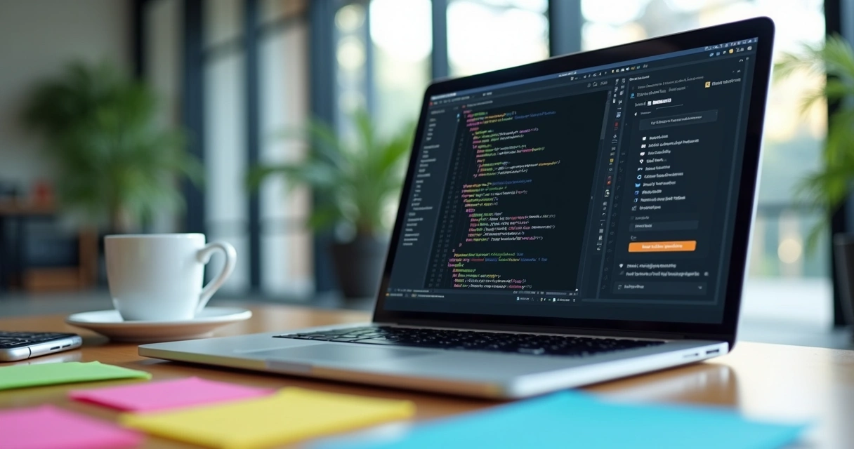 Mesa com laptop, smartphone e notas autoadesivas coloridas mostrando fluxo de trabalho de desenvolvimento tecnológico 