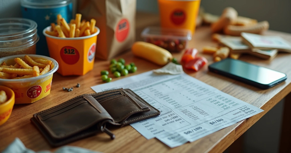 Mesa com muitas embalagens de delivery ao lado de carteira vazia e extrato bancário impresso 