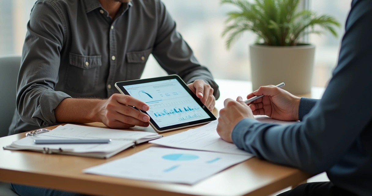 Profissional financeiro mostrando relatório para cliente piloto 