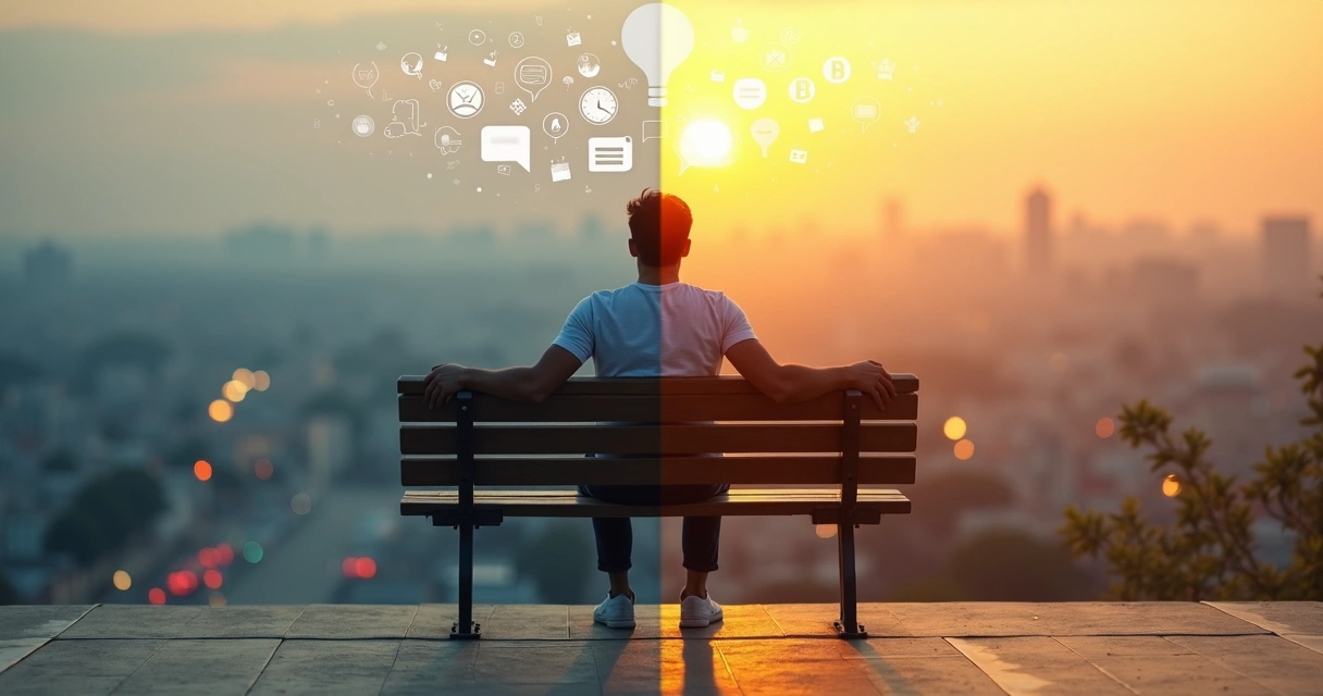 Pessoa sentada em um banco olhando para a cidade com metade da cena em modo automático e metade em presença consciente 
