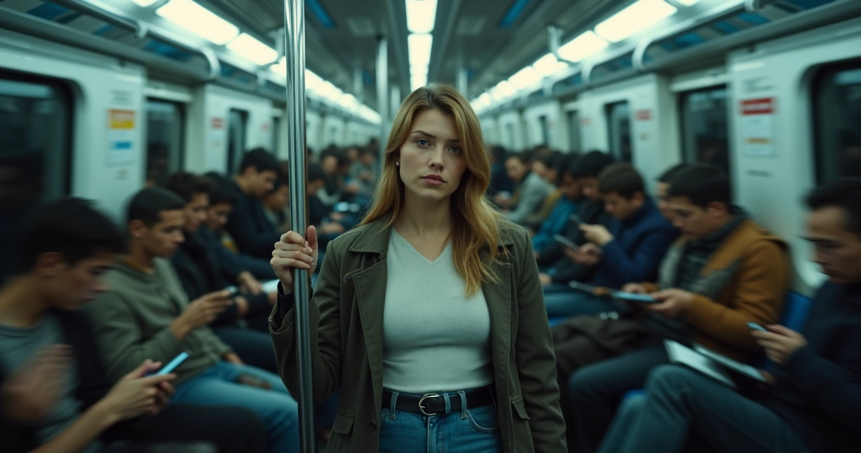 Pessoa dentro de metrô lotado com rosto nítido enquanto os outros ficam borrados em movimento 