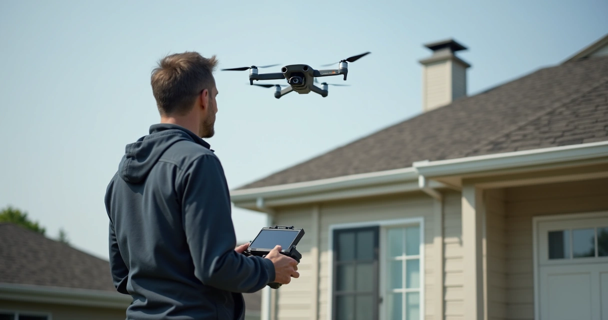 Profissional controlando drone em vistoria externa