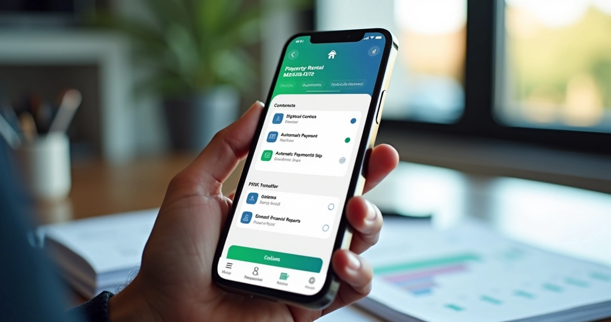 Tela de aplicativo de gestão imobiliária exibindo contratos, boletos e repasses
