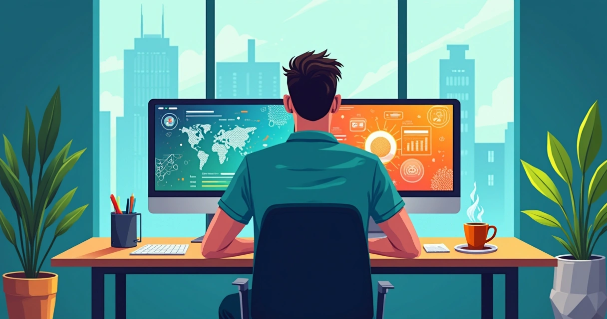 Homem analisando gráficos no computador com plano de fundo de elementos digitais 