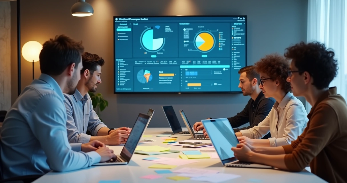 Equipe testando protótipo tecnológico em notebooks 