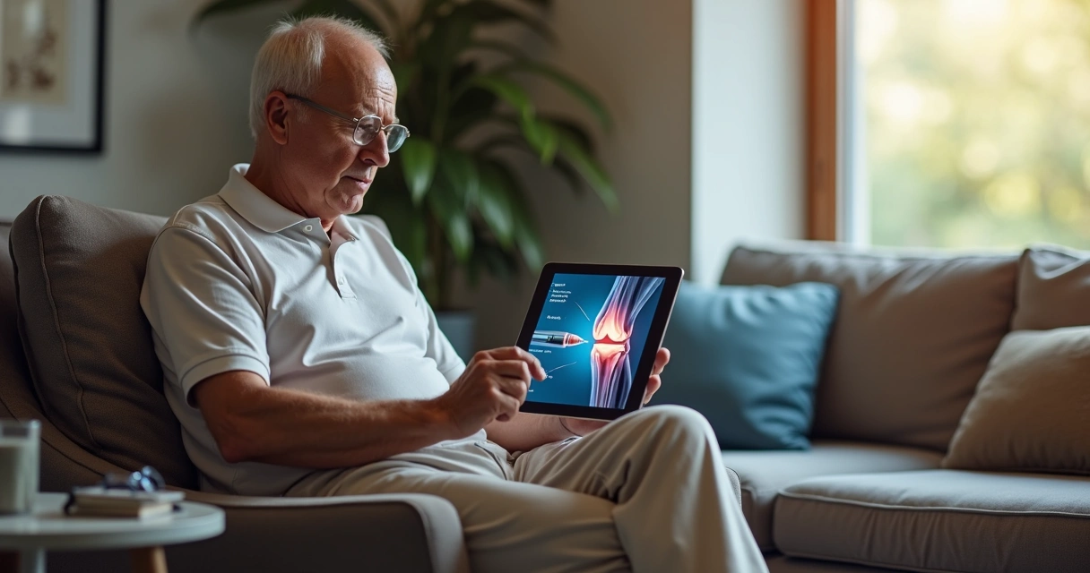 Homem maduro sentado em poltrona observa desenho médico de infiltração no joelho na tela do tablet 