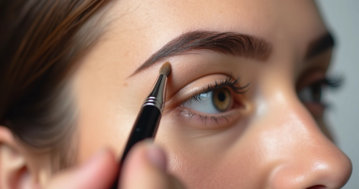 Mão usando pincel para preencher sobrancelha feminina