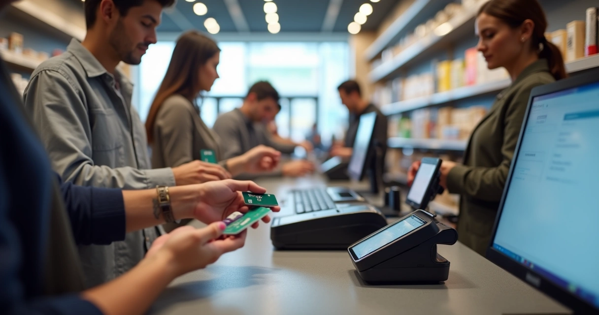Pinpad instalado em balcão de caixa com movimento de clientes 