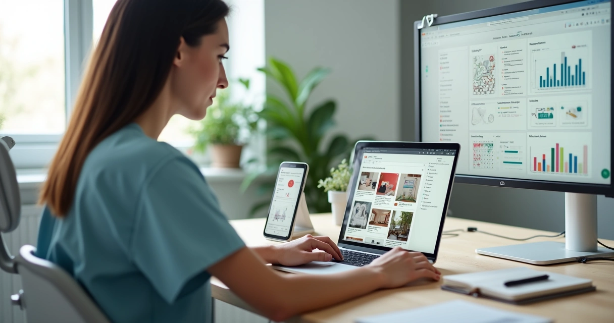 Dentista cria pins de tratamentos odontológicos em laptop com visual do Pinterest na tela 