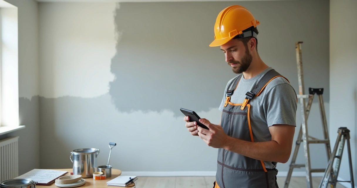 Pintor usando celular para montar orçamento em obra