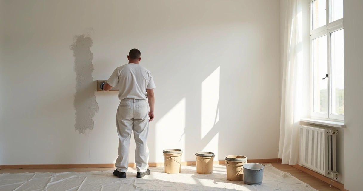 Pintor a preparar parede interior de uma casa 