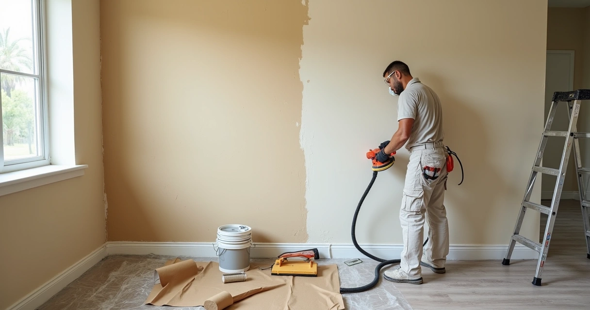 Profissional lixando parede antiga antes de aplicar pintura em Orlando 