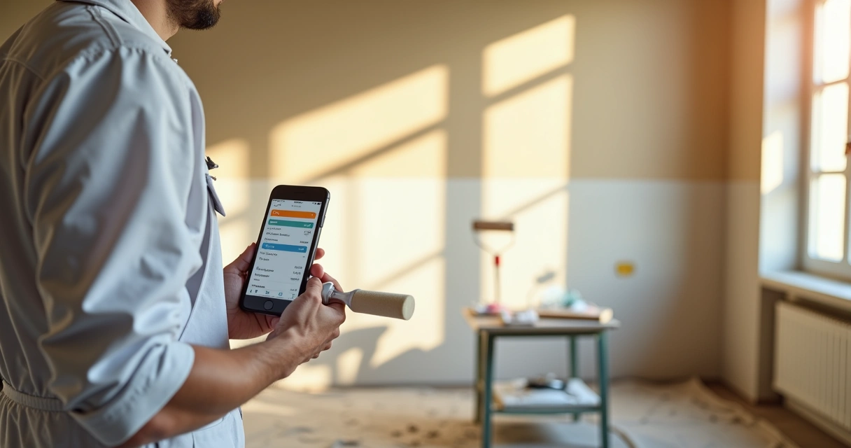 Pintor avaliando orçamento de pintura em aplicativo de celular em uma obra residencial 