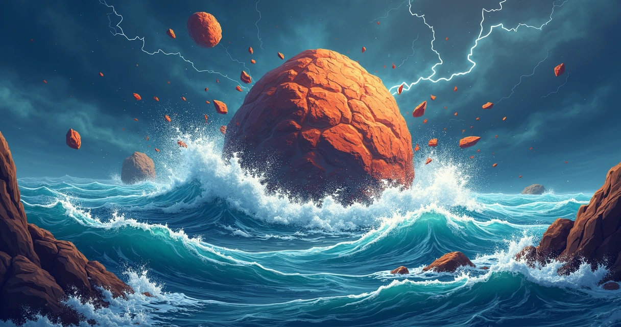 Asteroide caindo em águas tumultuadas e produzindo ondas enormes 