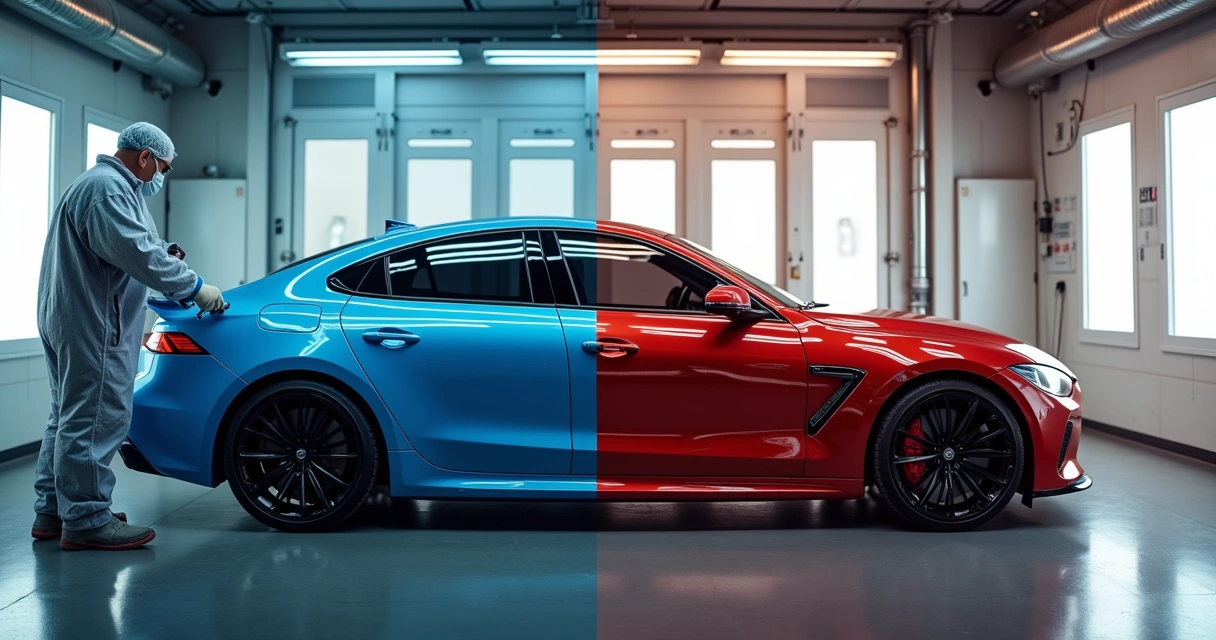 Comparação entre pintura automotiva ao ar livre e em estufa de forno em oficina moderna 