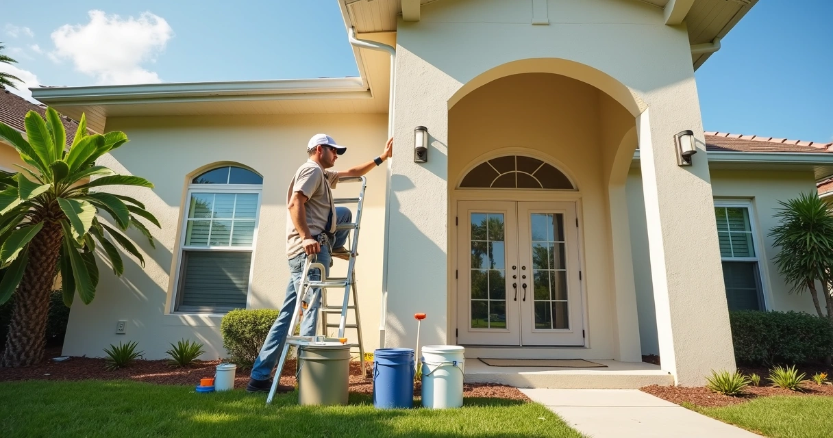 Profissional avaliando fachada recém pintada de casa em Orlando sem bolhas na pintura 