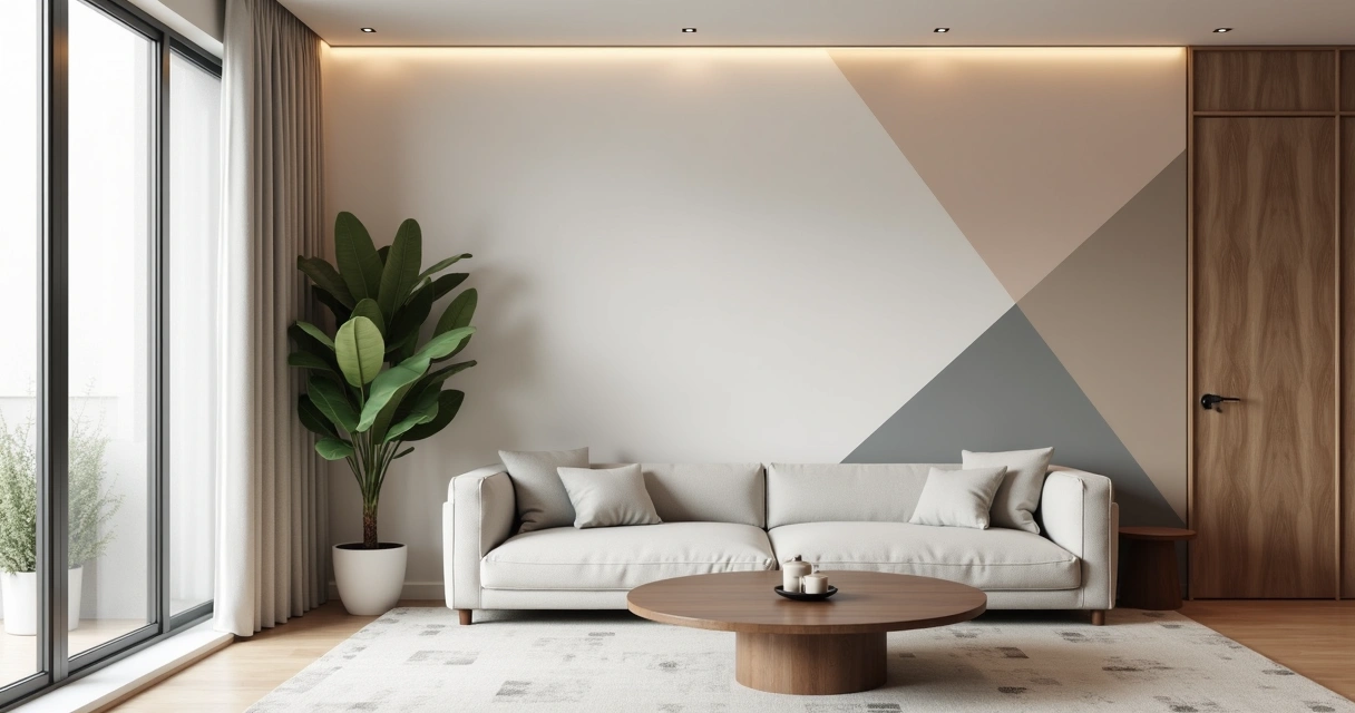 Pintura geométrica em tons claros em parede de sala pequena 