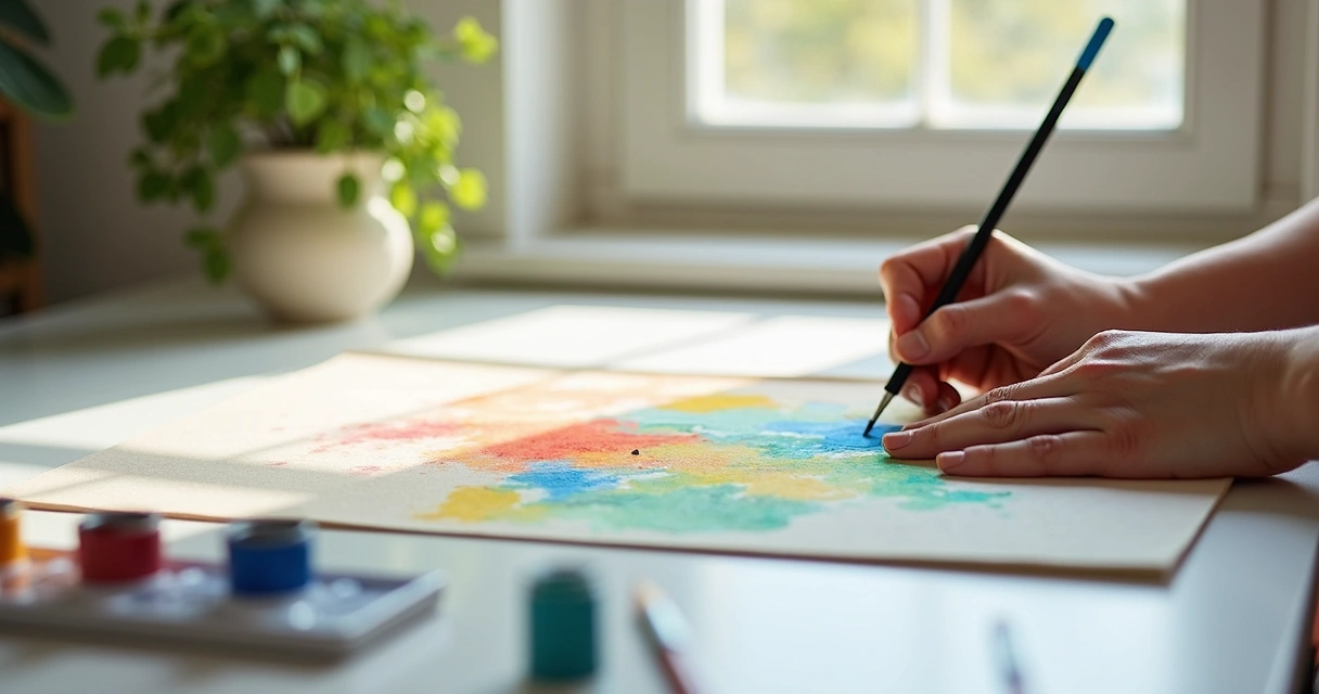 Mãos pintando em tela, cores vivas, ambiente tranquilo, expressão criativa