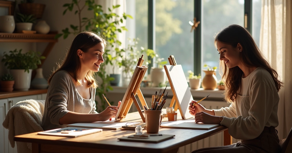 Duas pessoas pintando juntas em um ambiente iluminado