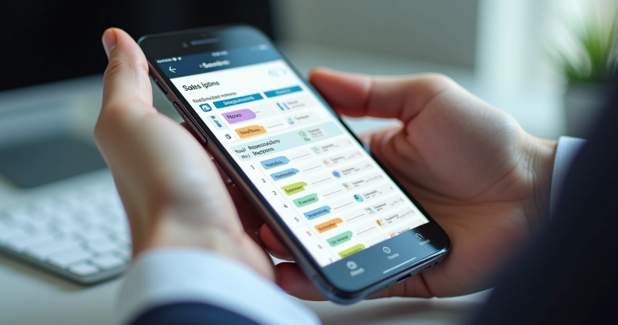 Interface de pipeline simples em celular sendo mostrada na mão 