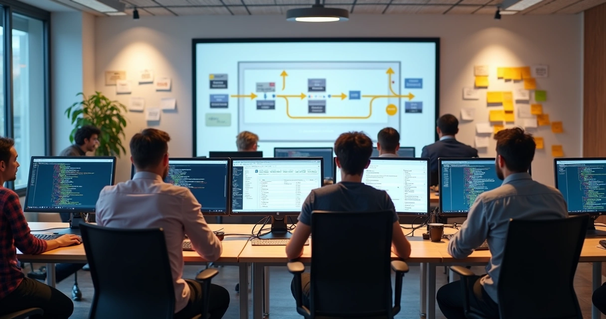 Desenvolvedores monitorando pipeline CI/CD em estações de trabalho 
