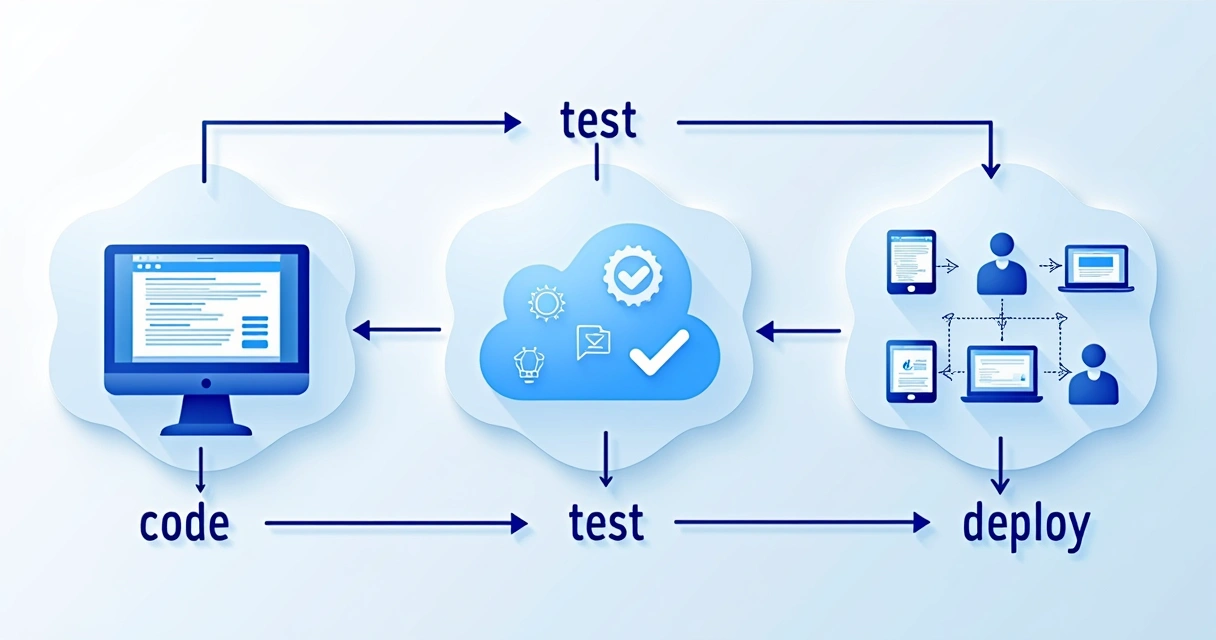 Fluxo visual de pipeline CI/CD em ambiente de nuvem, com setas conectando etapas de código, testes e publicação 