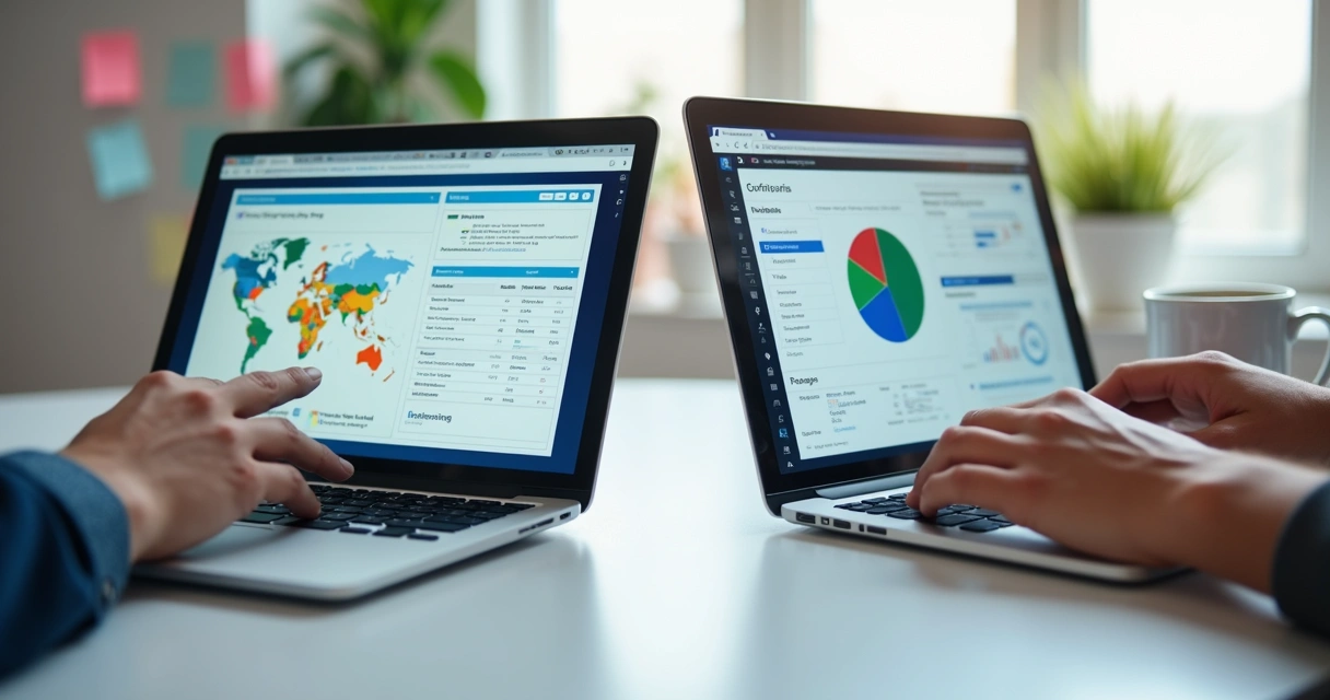 Duas mãos em frente a um notebook, uma digitando em planilha, outra em software de CRM 