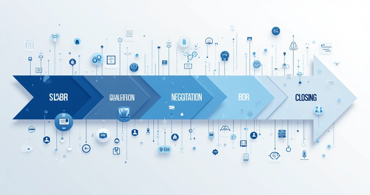 Representação de um pipeline comercial com etapas automatizadas e integrações entre funções 