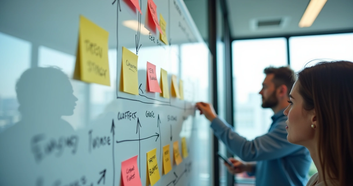 Quadro branco com etapas de pipeline comercial e post-its coloridos 