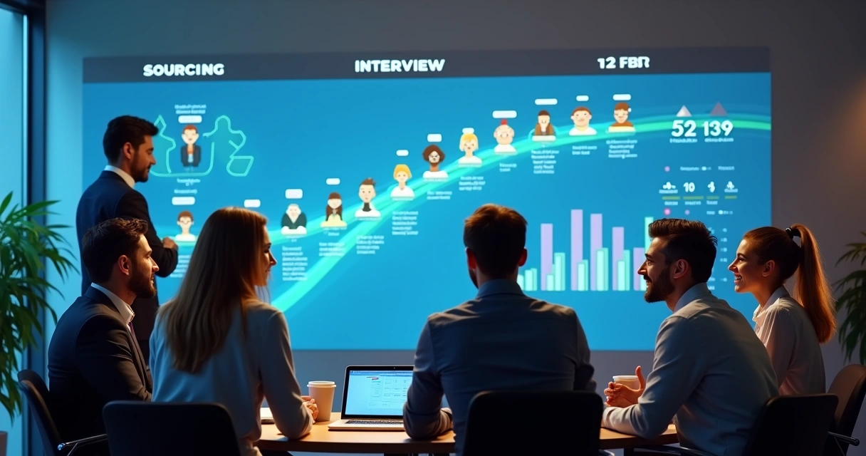 Equipe de RH reunida ao redor de pipeline digital de contratação 