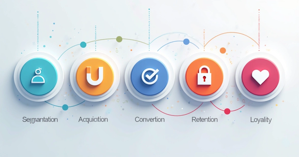 Fases do pipeline de CRM digital alinhadas por ícones. 