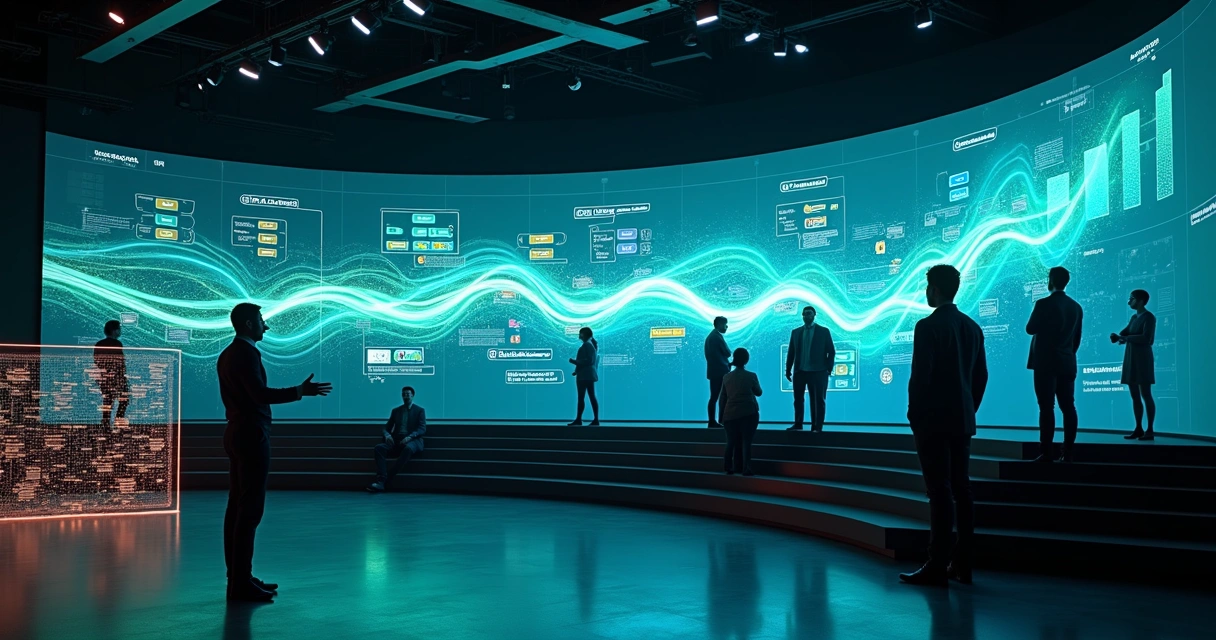 Time observando tela gigante com pipeline de vendas em formato de trilha digital 