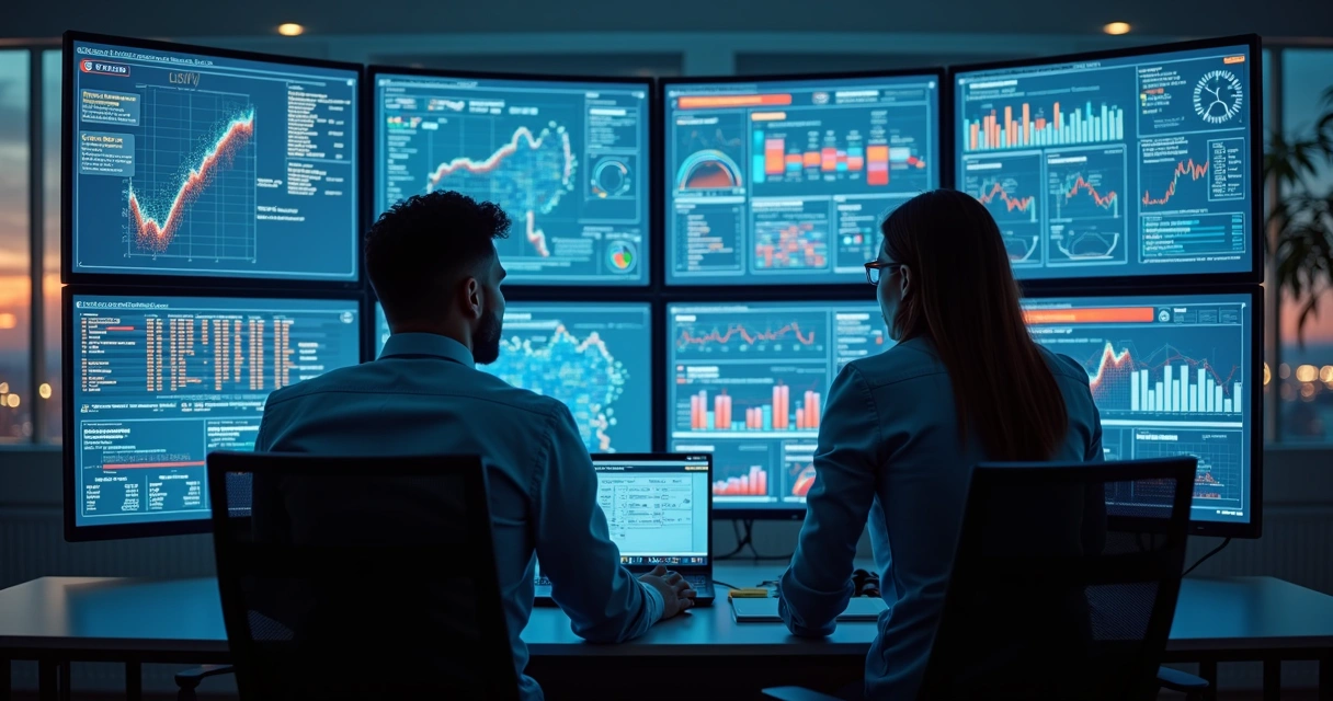 Profissionais analisando fluxo de dados em monitores 