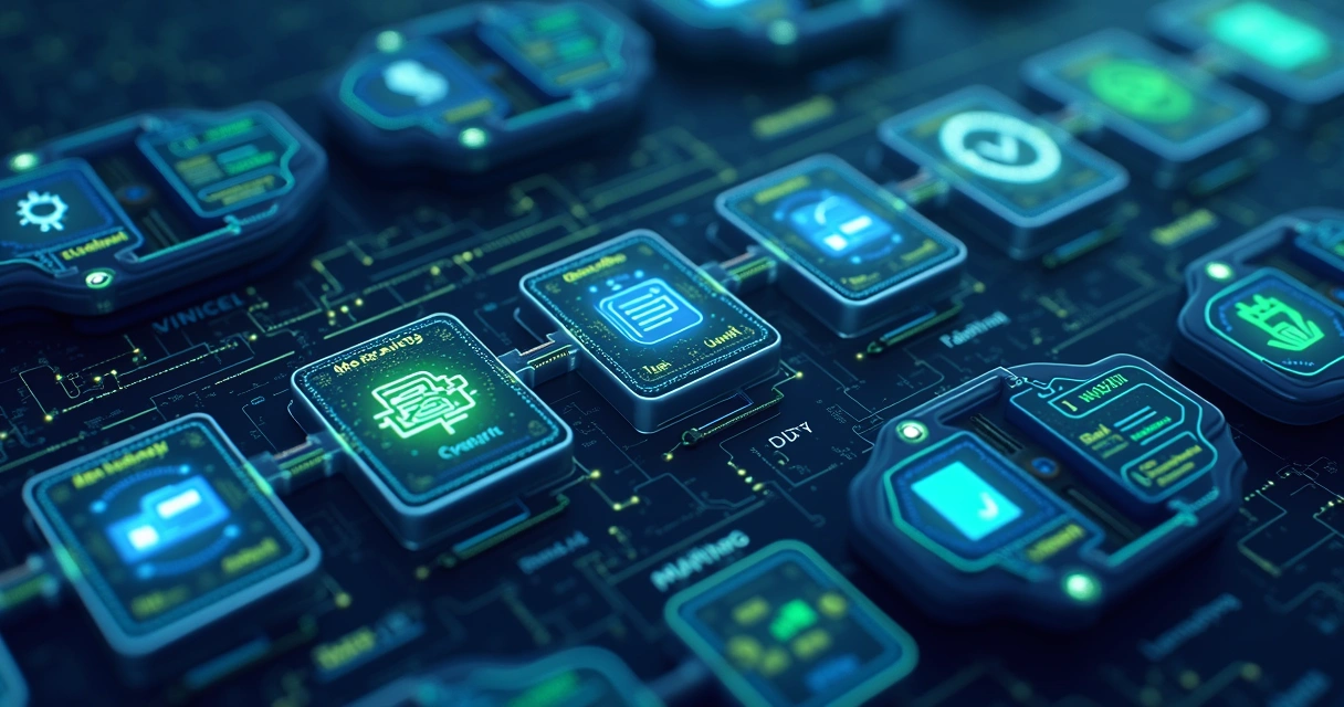 Pipeline de DevOps multietapas integrado, mostrando build, testes, deploy e monitoramento visualmente conectados 