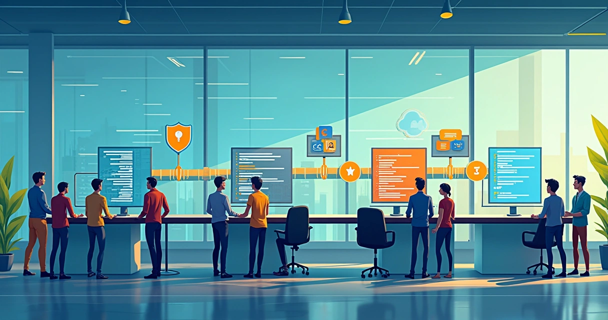 Ilustração de um pipeline CI/CD com etapas de teste, automação e validação de segurança 