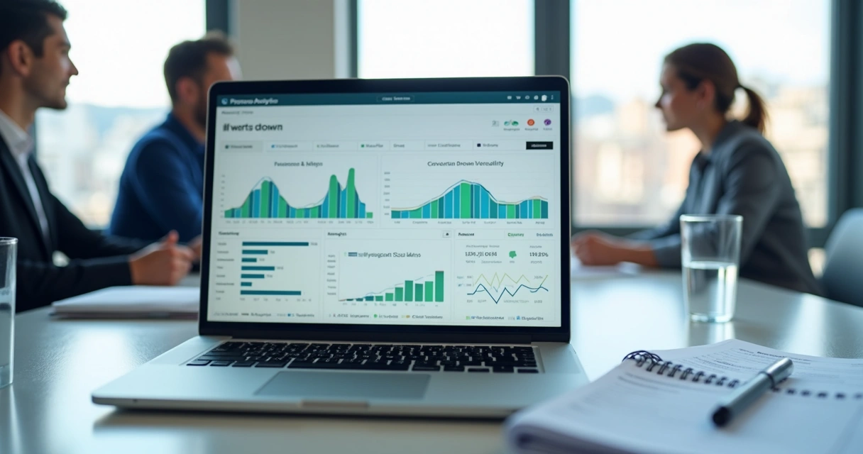Revenue dashboard showing pipeline stages and conversion metrics on a laptop